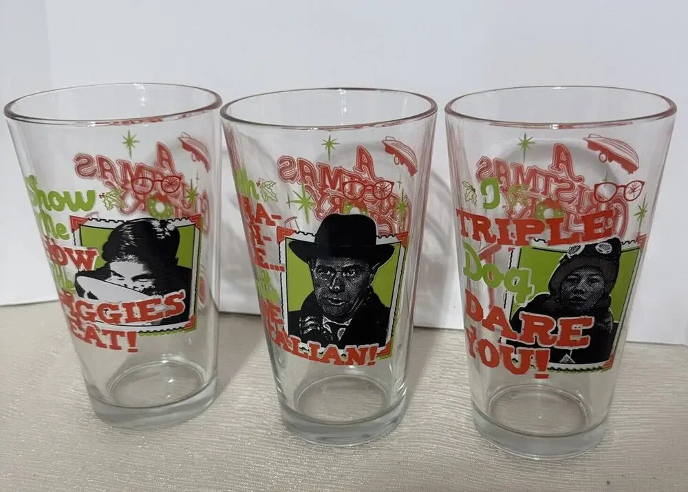 A Christmas Story Collectors Series lot of 3 Pint Drinking Glasses Movie Quotes